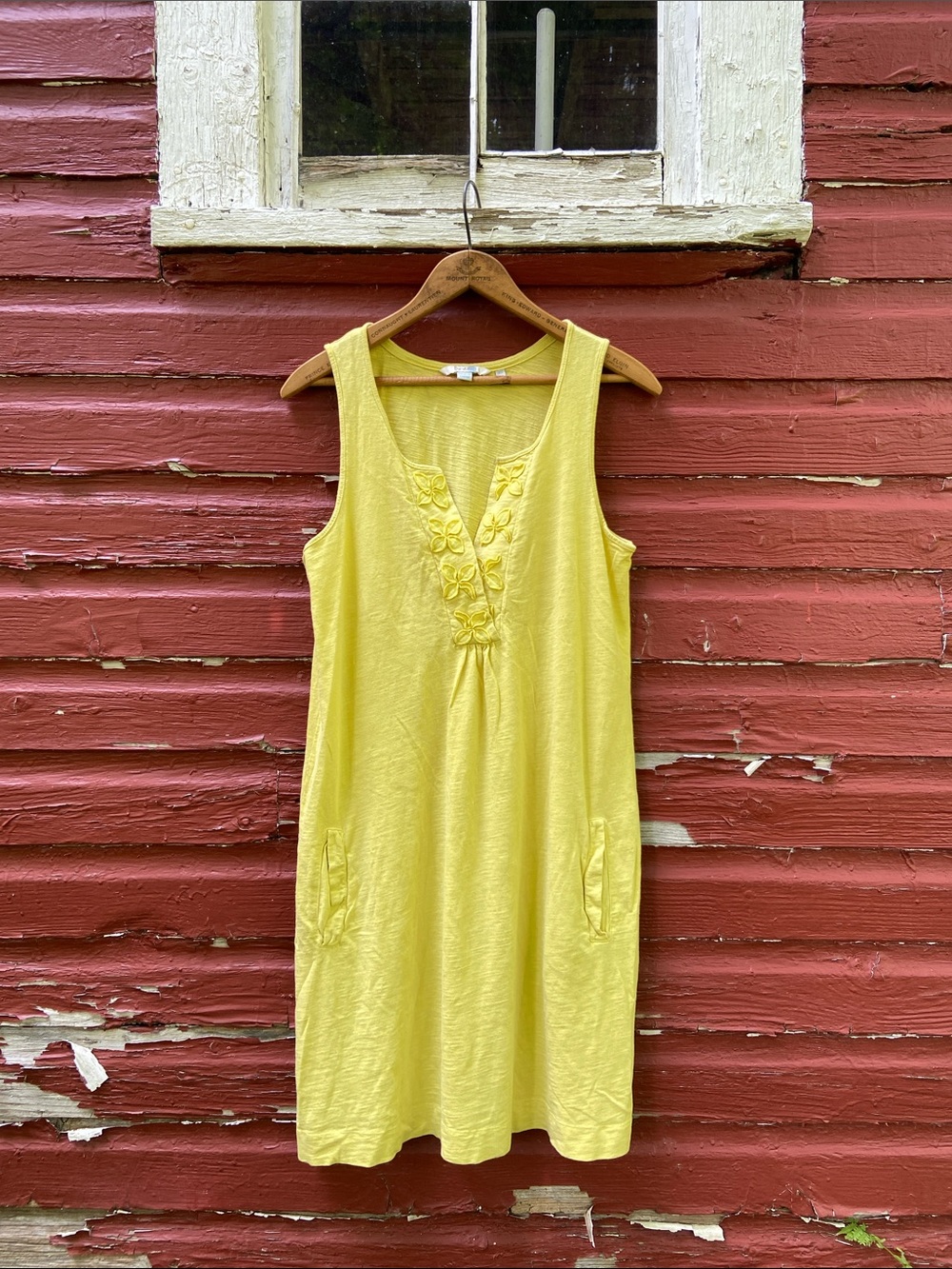 Boden Yellow Floral Split Neck Sleeveless Cotton Dress w/ Pockets Women’s Size 8